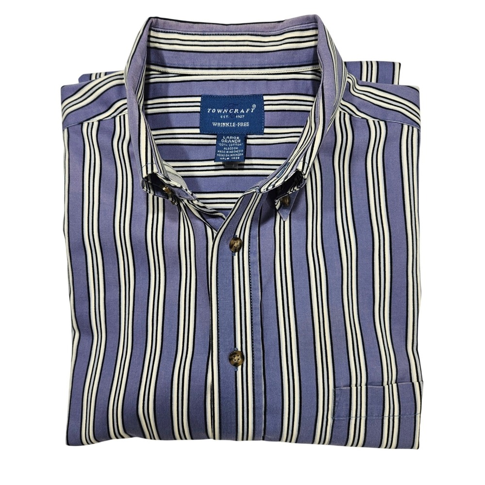 Towncraft Mens Purple Blue Striped Wrinkle Free Cotton Button Down Shirt‎ Large